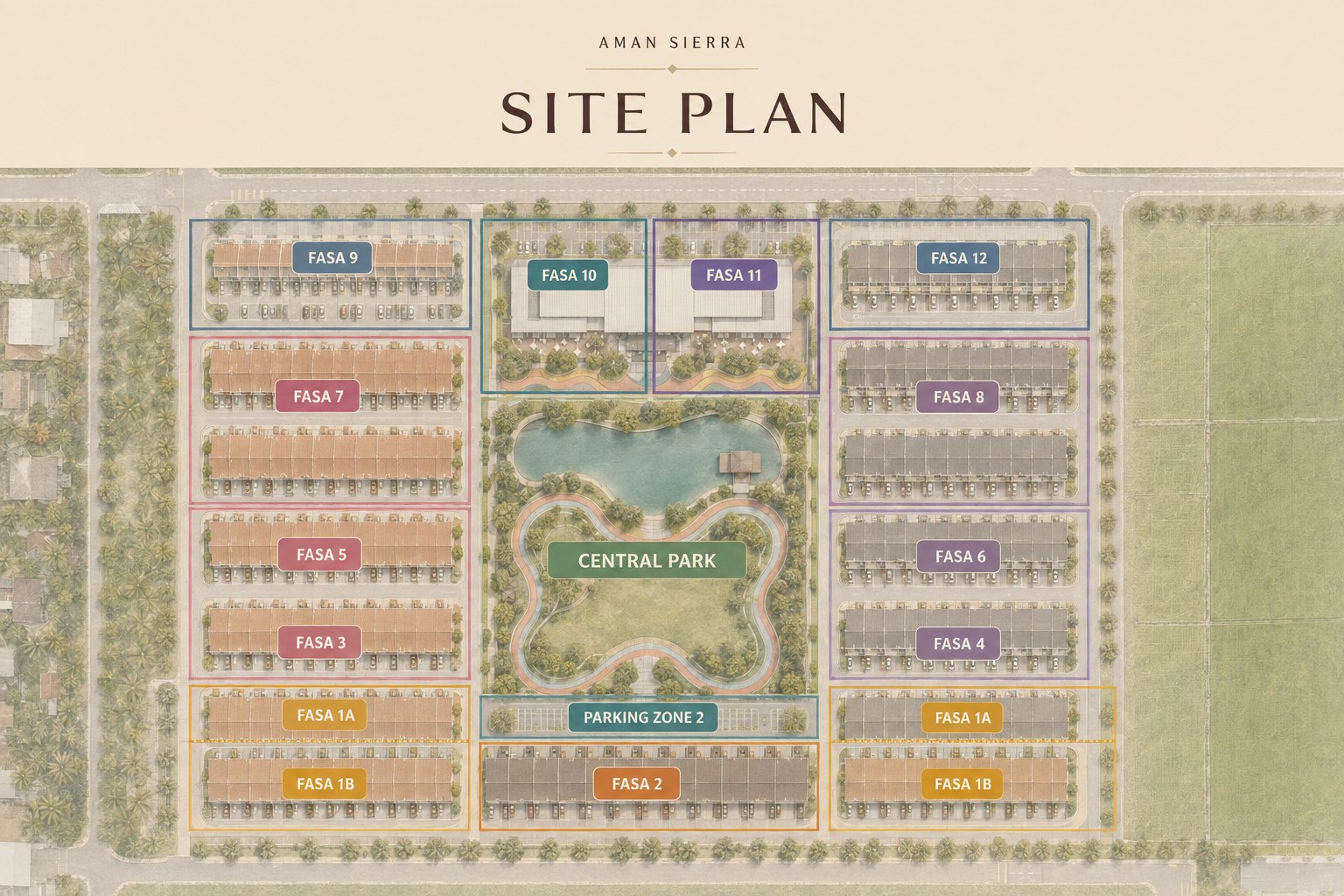 Aman Sierra site plan showing all phases (Fasa 1 to 12) laid out around the Central Park